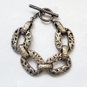 VTG MONET Unisex Brutalist Chain Link Bracelet Hammered Rustic Silvertone T Bar